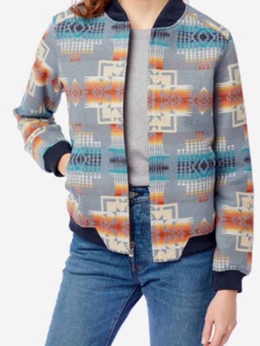 PENDLETON WOMEN'S WOOL BOMBER JACKET NWT L CHIEF JOSEPH PATTERN BLUE MULTI - Picture 2 of 15